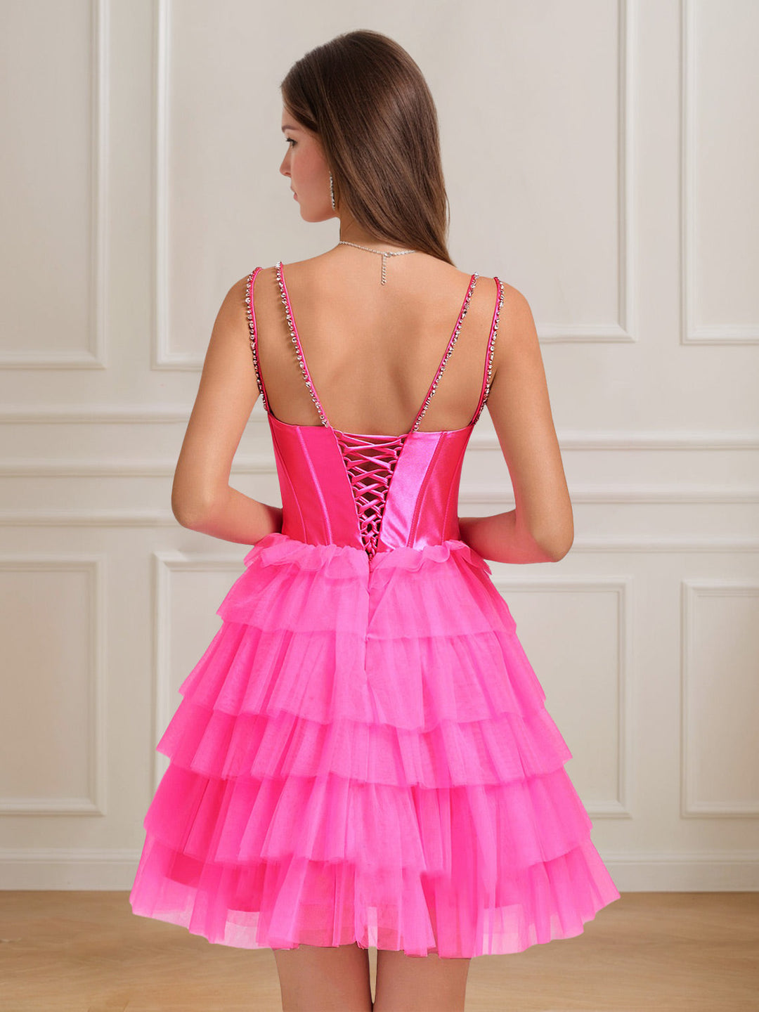 A-Line/Princess Spaghetti Straps Sleeveless Short/Mini Homecoming Dresses with Tiered Tulle & Rhinestones & Lace-Up