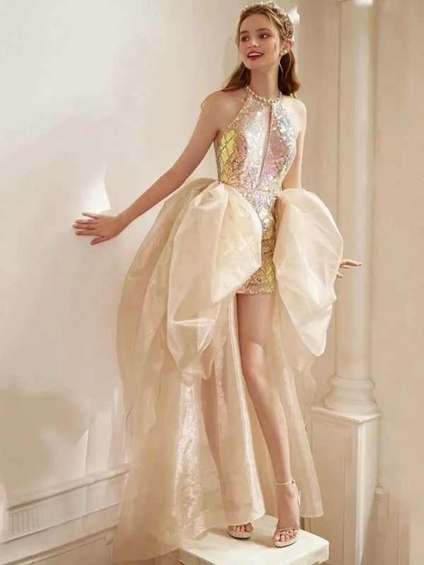 Sheath/Column Sequined Halter Sleeveless Mini/Short Cocktail Dresses with Detachable Tulle & Pearls