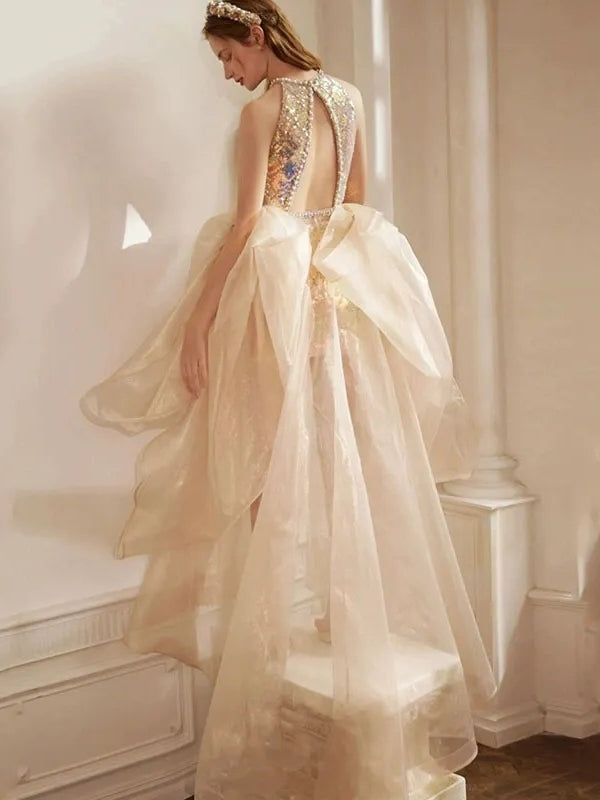 Sheath/Column Sequined Halter Sleeveless Mini/Short Cocktail Dresses with Detachable Tulle & Pearls