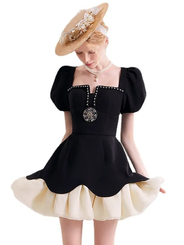 A-Line/Princess Square Neckline Puff Sleeves Mini/Short Pleated Vintage Dresses with Jewel Appliques & Ruffles