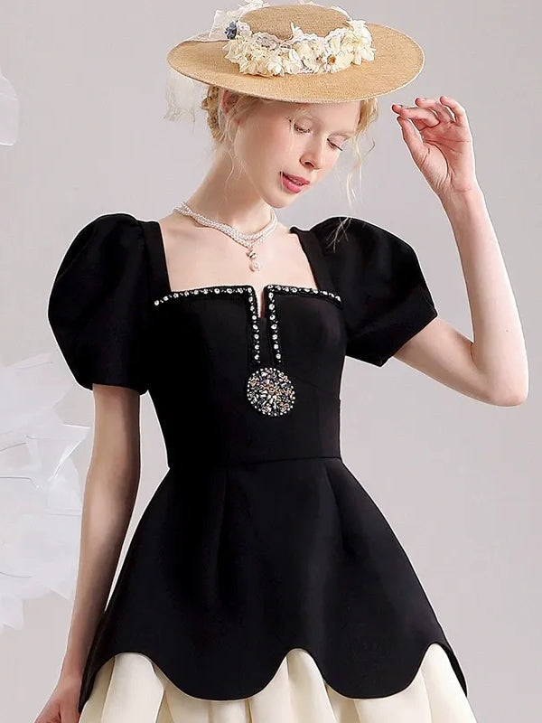 A-Line/Princess Square Neckline Puff Sleeves Mini/Short Pleated Vintage Dresses with Jewel Appliques & Ruffles