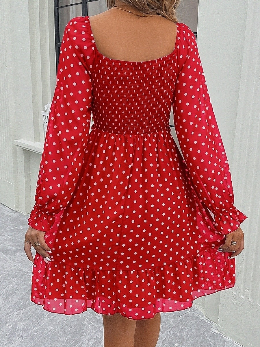 A-Line/Princess Square Neckline/Off-the-shoulder Knee-Length Pleated Vintage Dresses with Polka Dot 