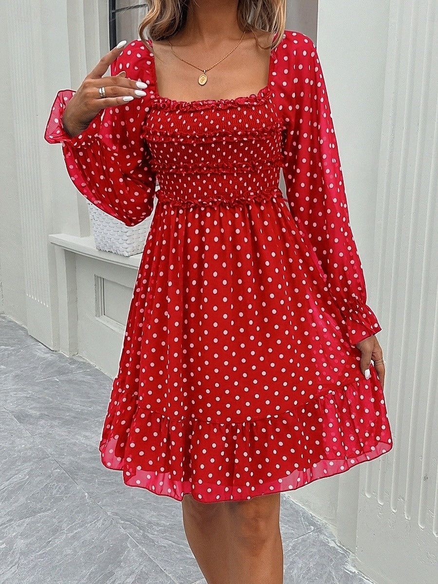 A-Line/Princess Square Neckline/Off-the-shoulder Knee-Length Pleated Vintage Dresses with Polka Dot 