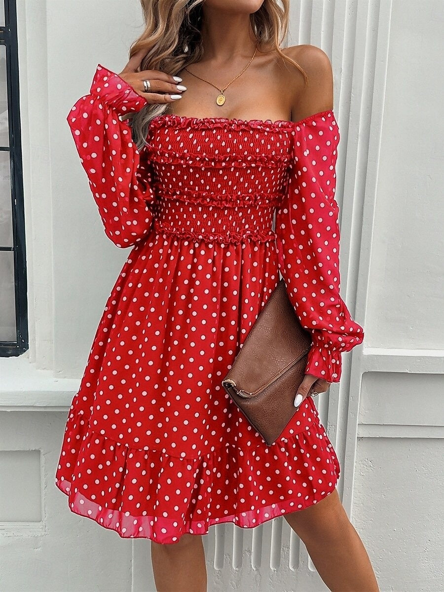 A-Line/Princess Square Neckline/Off-the-shoulder Knee-Length Pleated Vintage Dresses with Polka Dot 