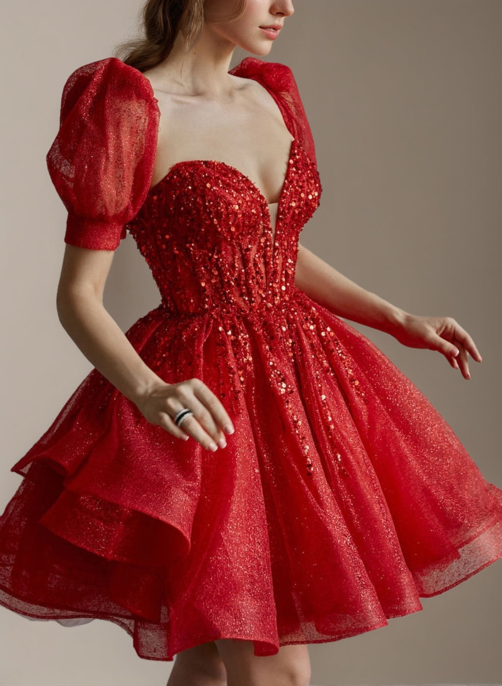 A-Line/Princess Sweetheart Short Sleeves Short/Mini Pleated Homecoming Dresses with Sequins & Ruffles