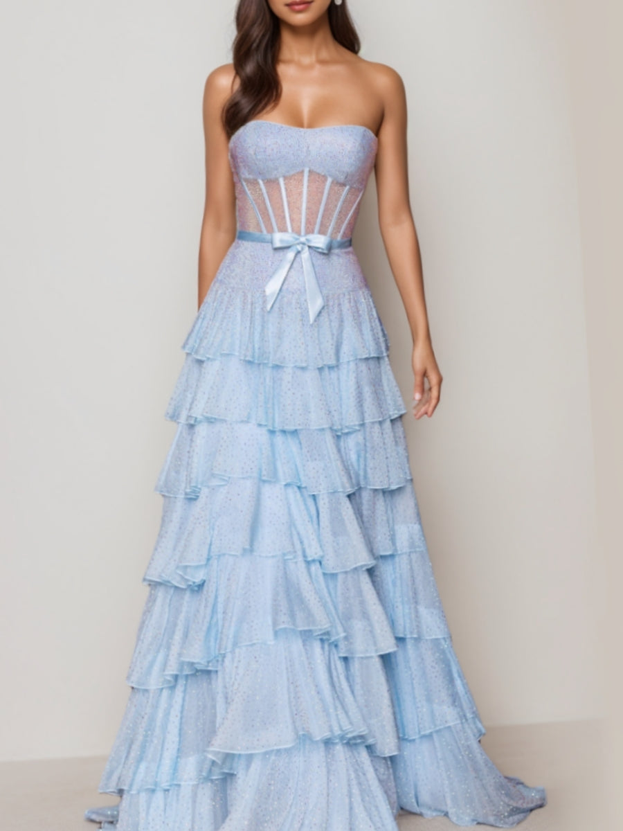 A-Line/Princess Strapless Tulle Prom Dresses with Bowknot Floor-Length