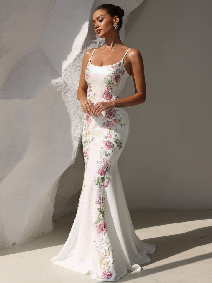 Trumpet/Mermaid Spaghetti Straps Prom Dresses Floral Sequins Floor-Length