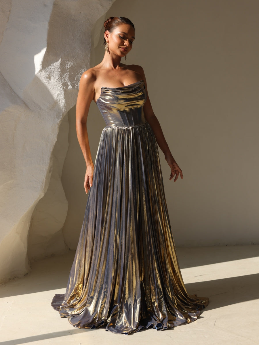 A-Line/Princess Evening Dress Strapless Formal Prom Long Pleated Dresses With Split Side