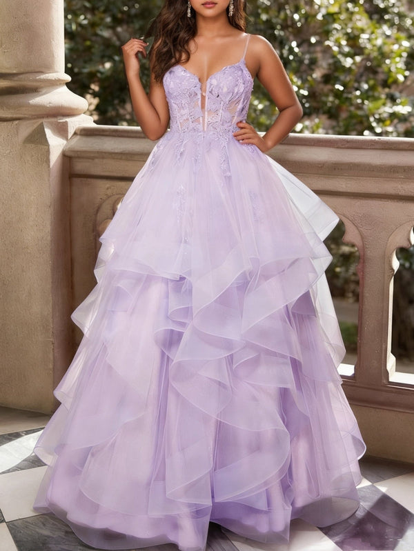 A-Line/Princess Sweetheart Tulle Prom Dresses Floor-Length Ruffles Formal Dresses Lace Spaghetti Straps