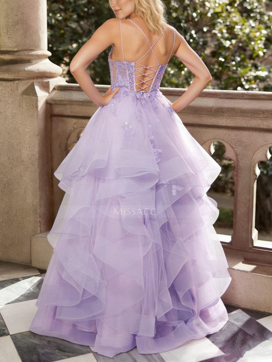 A-Line/Princess Sweetheart Tulle Prom Dresses Floor-Length Ruffles Formal Dresses Lace Spaghetti Straps