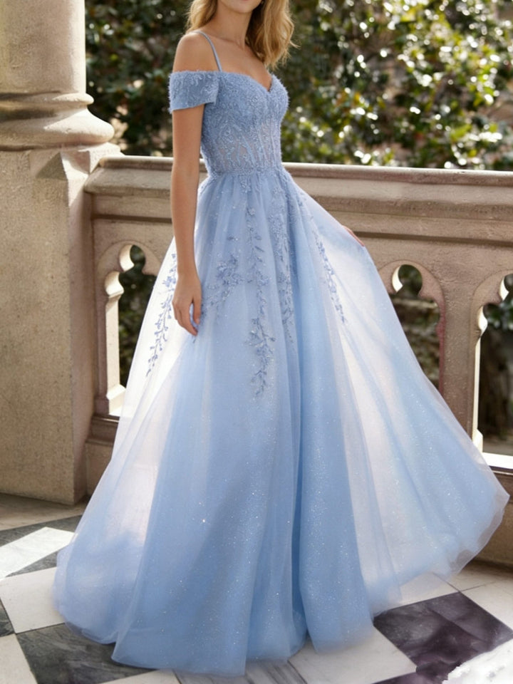 A-Line/Princess Tulle Sweetheart Prom Dresses Floor-Length Lace Spaghetti Straps Formal Dresses