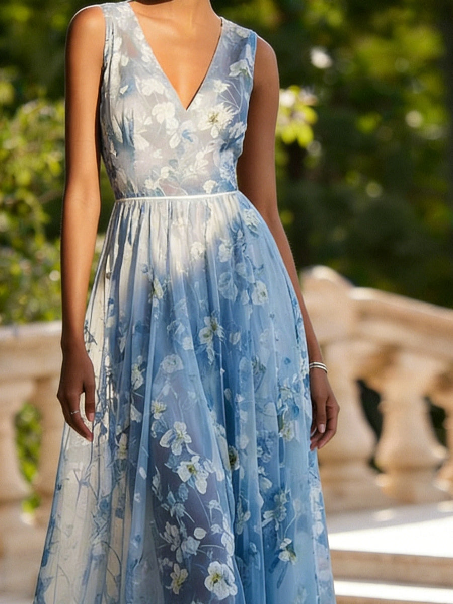 A-Line/Princess V-Neck Lace Prom Dresses Sleeveless Floor-Length Floral Formal Dresses