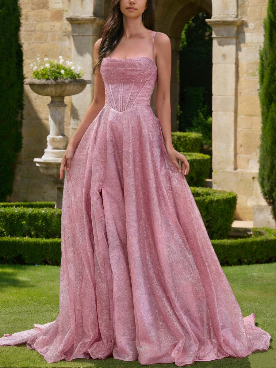 A-Line/Princess Spaghetti Straps Tulle Prom Dresses Sequins Floor-Length Pleated Formal Dresses Sweep Train