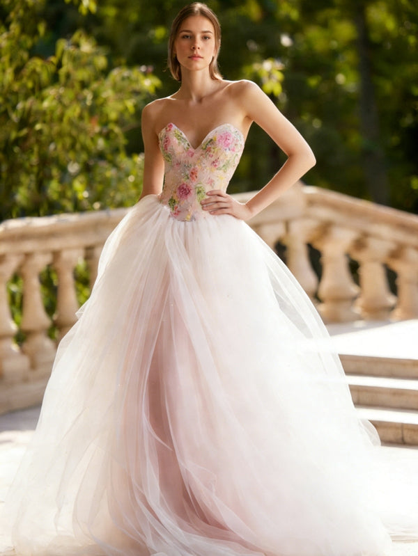 A-Line/Princess Sweetheart Lace Sequins Prom Dresses Floor-Length Floral Formal Dresses