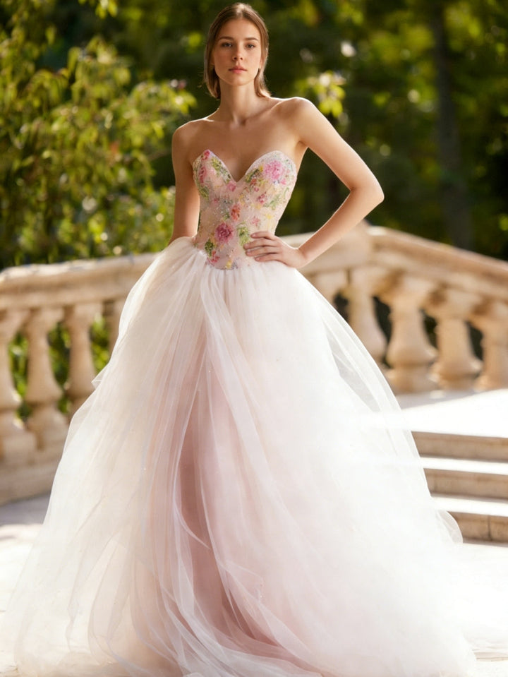 A-Line/Princess Sweetheart Lace Sequins Prom Dresses Floor-Length Floral Formal Dresses