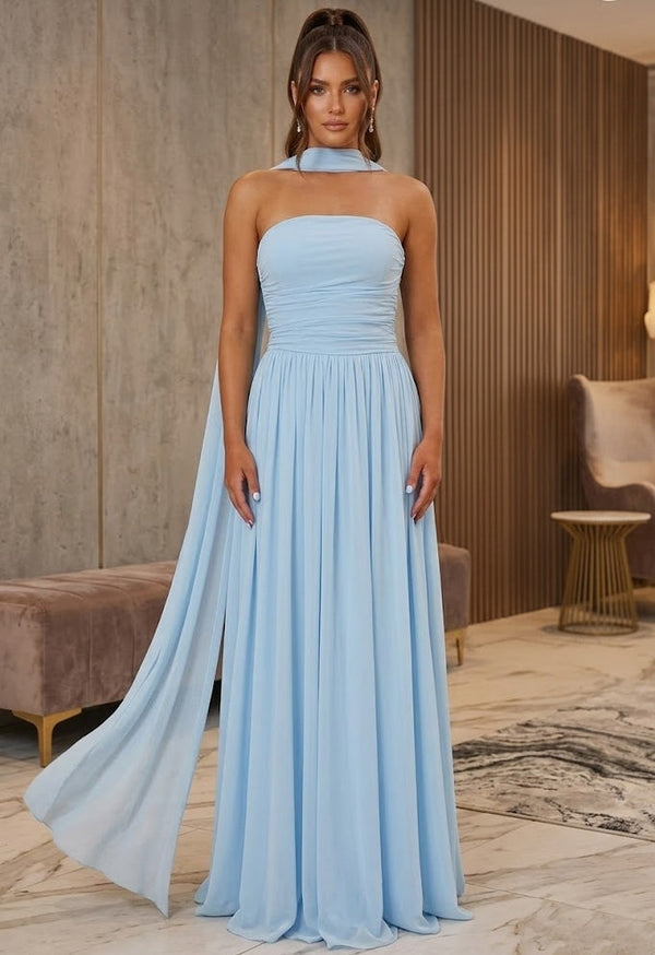 A-Line/Princess Strapless Chiffon Prom Dresses with Scarf Floor-Length Sleeveless Pleated