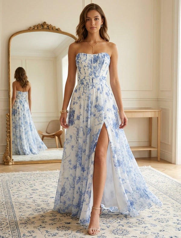 A-Line/Princess Strapless Floral Chiffon Prom Dresses with Split Side Floor-Length Sleeveless