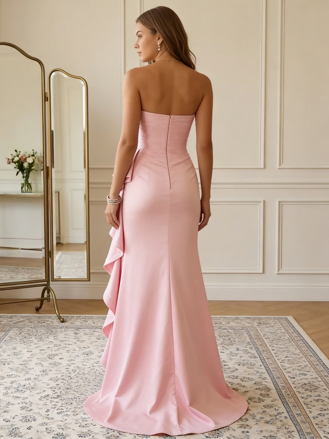 Trumpet/Mermaid Strapless Satin Prom Dresses with Split Side Sleeveless Ruffles Floor-Length Formal Dresses