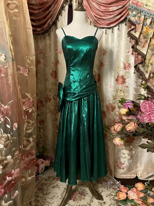 A-Line/Princess Spaghetti Straps Taffeta Prom Dresses Vintage 80s Iridescent Dress Bowknot Sleeveless Tea-Length