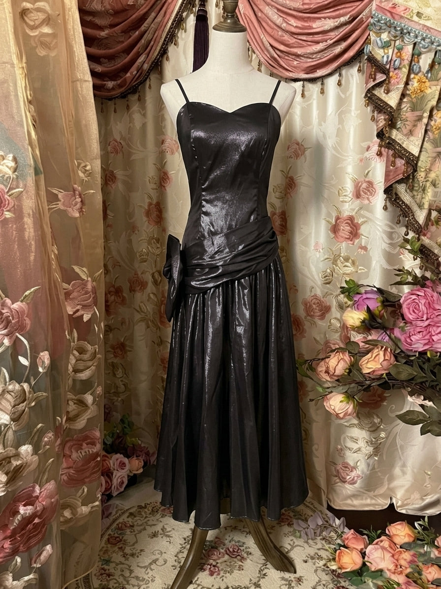 A-Line/Princess Spaghetti Straps Taffeta Prom Dresses Vintage 80s Iridescent Dress Bowknot Sleeveless Tea-Length