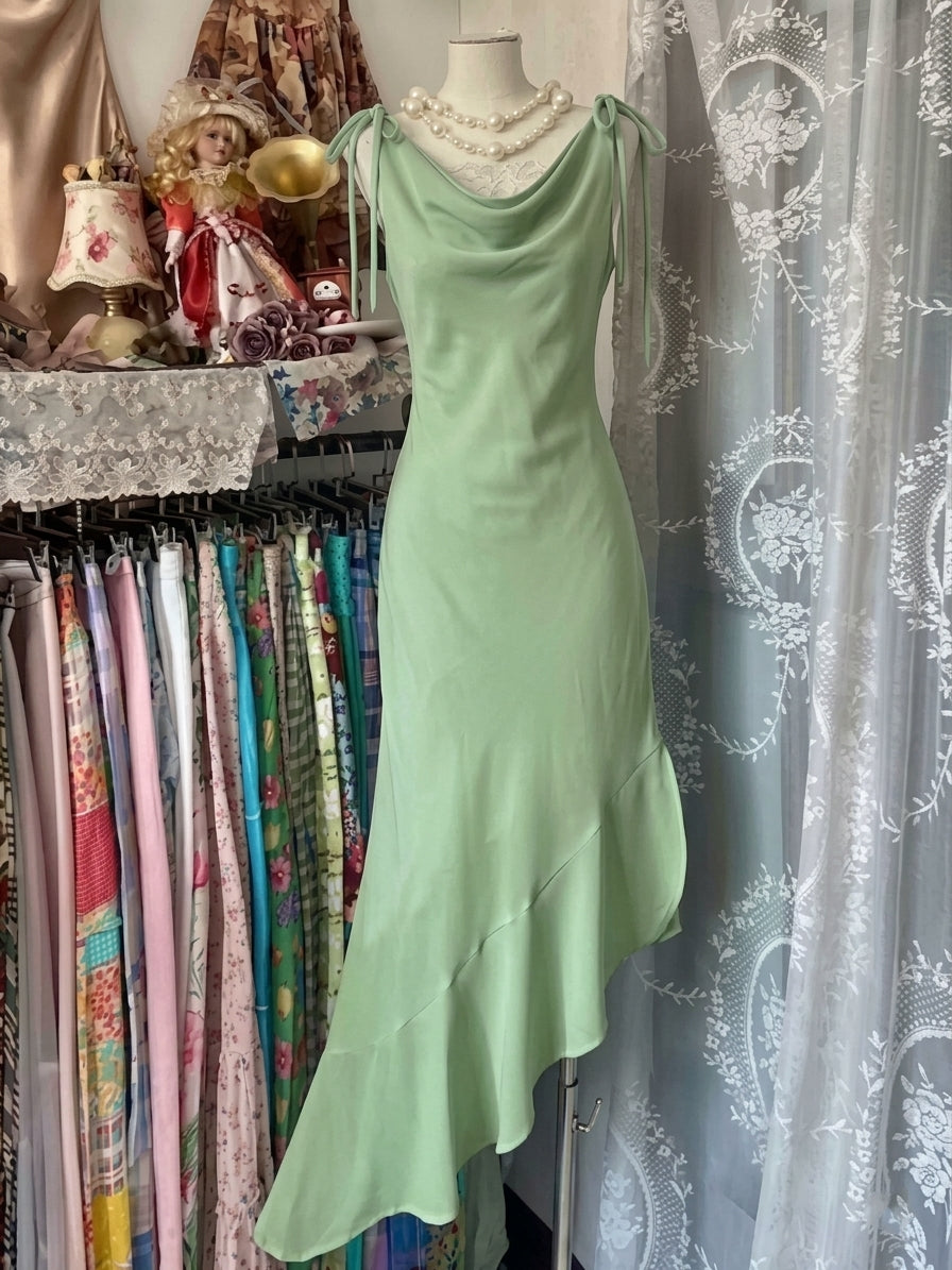 Sheath/Column Spaghetti Straps Taffeta Prom Dresses Vintage 80s Dress Sleeveless Ruffles Asymmetrical Tea-Length