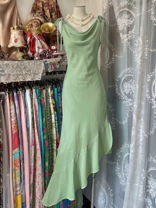 Sheath/Column Spaghetti Straps Taffeta Prom Dresses Vintage 80s Dress Sleeveless Ruffles Asymmetrical Tea-Length