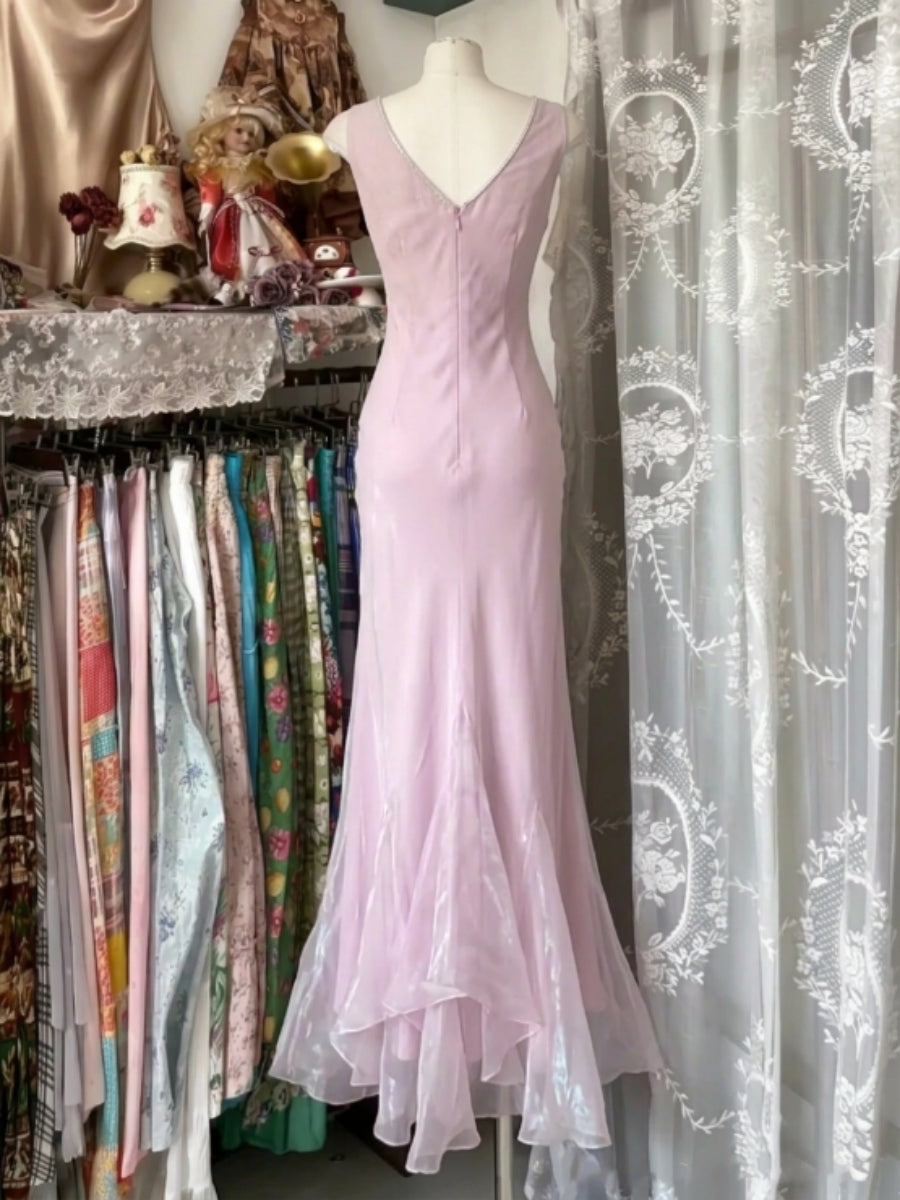 Trumpet/Mermaid V-Neck Taffeta Prom Dresses Vintage 80s Iridescent Dress Sleeveless Ankle-Length