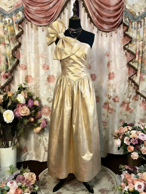 A-Line/Princess Strapless Taffeta Prom Dresses Vintage 80s Iridescent Dress Bowknot Sleeveless Ankle-Length