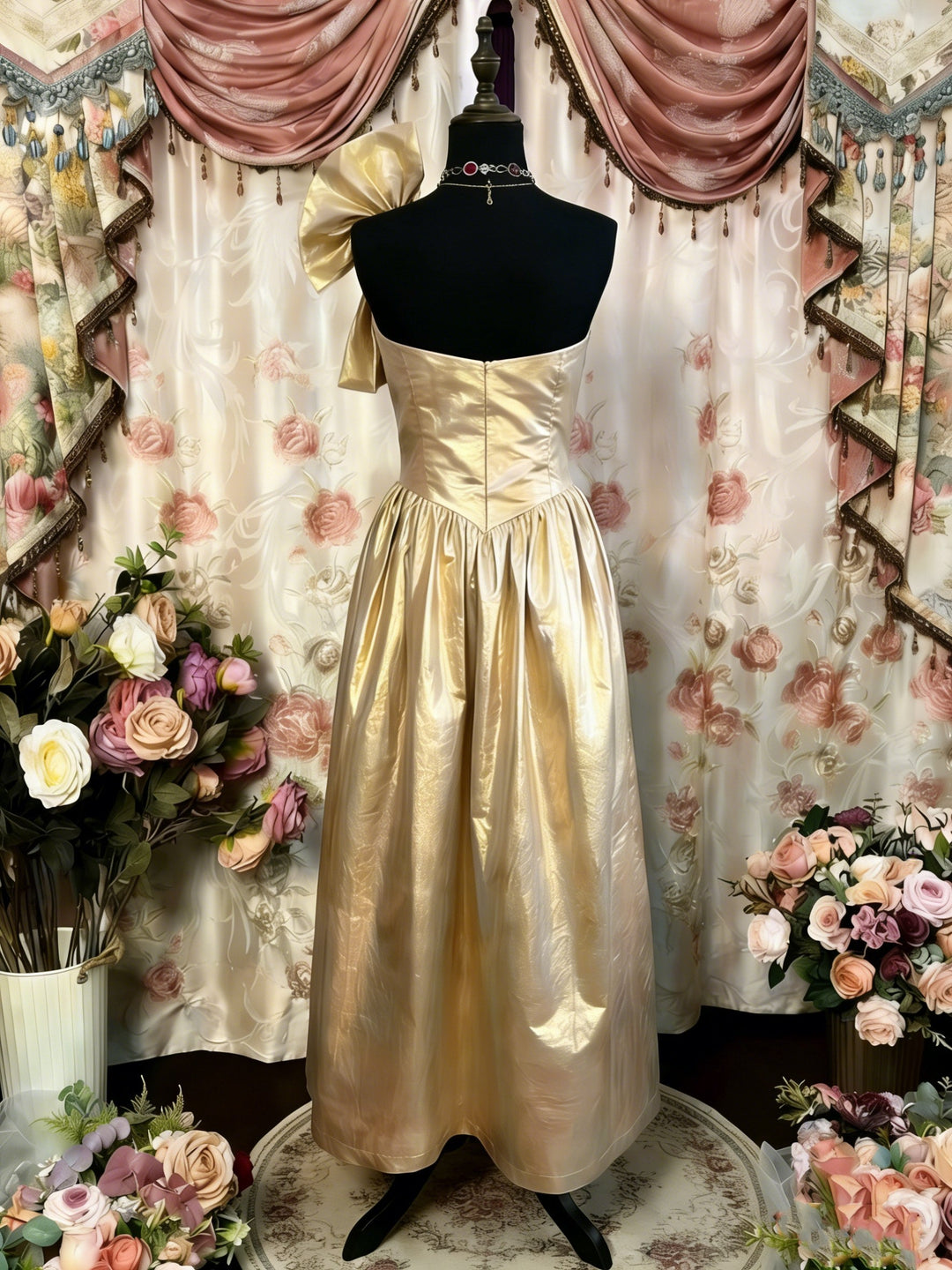 A-Line/Princess Strapless Taffeta Prom Dresses Vintage 80s Iridescent Dress Bowknot Sleeveless Ankle-Length
