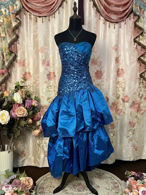 A-Line/Princess Strapless Taffeta Prom Dresses Vintage 80s Iridescent Dress Sequins Sleeveless Asymmetrical Tea-Length