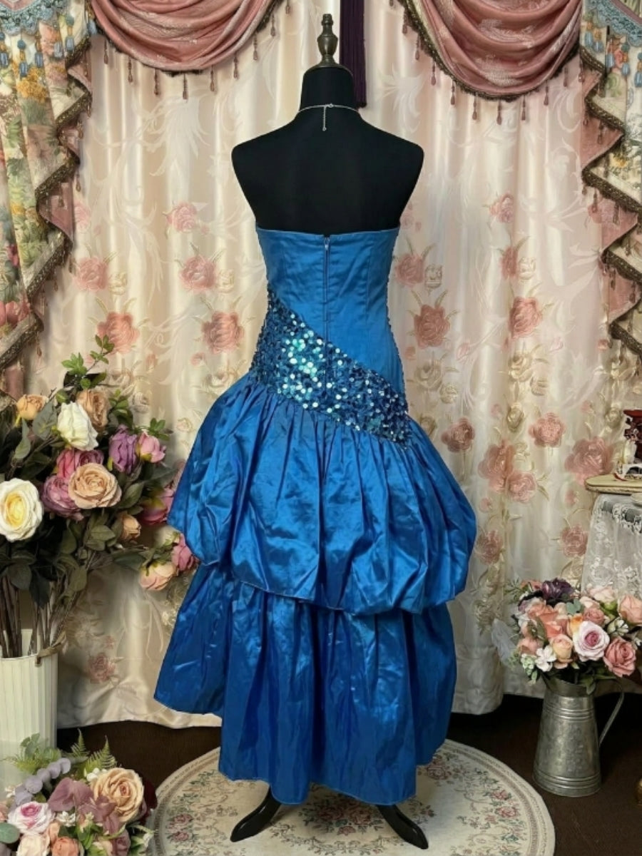 A-Line/Princess Strapless Taffeta Prom Dresses Vintage 80s Iridescent Dress Sequins Sleeveless Asymmetrical Tea-Length