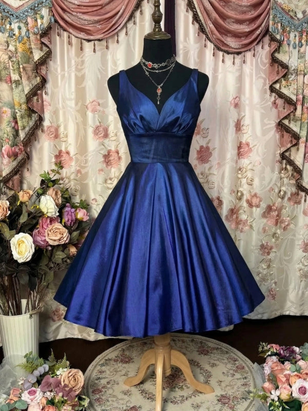 A-Line/Princess V-Neck Taffeta Prom Dresses Vintage 80s Iridescent Dress Sleeveless Tea-Length Pleated