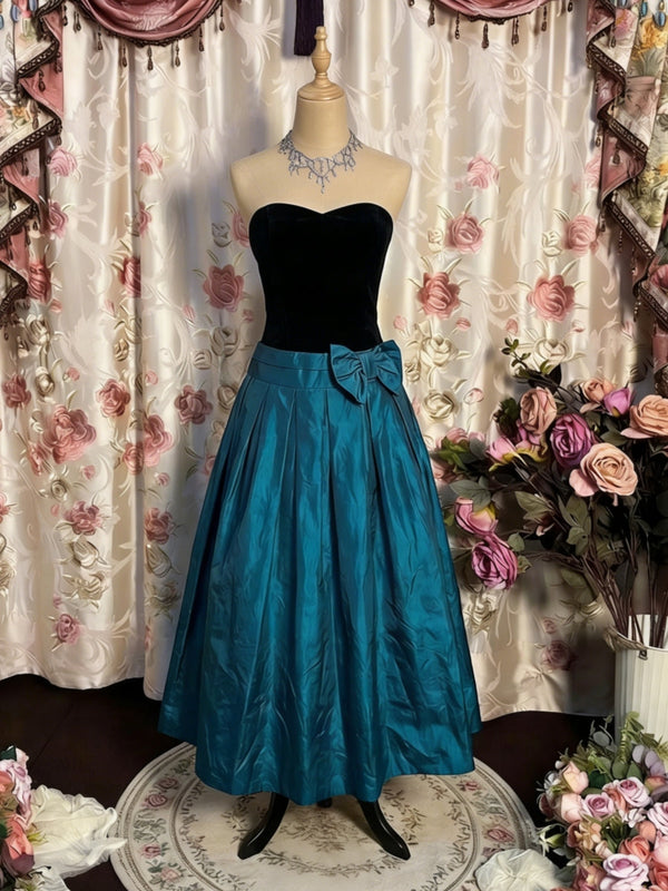 A-Line/Princess Strapless Taffeta Prom Dresses with Bowknot Vintage 80s Iridescent Dress Sleeveless Tea-Length