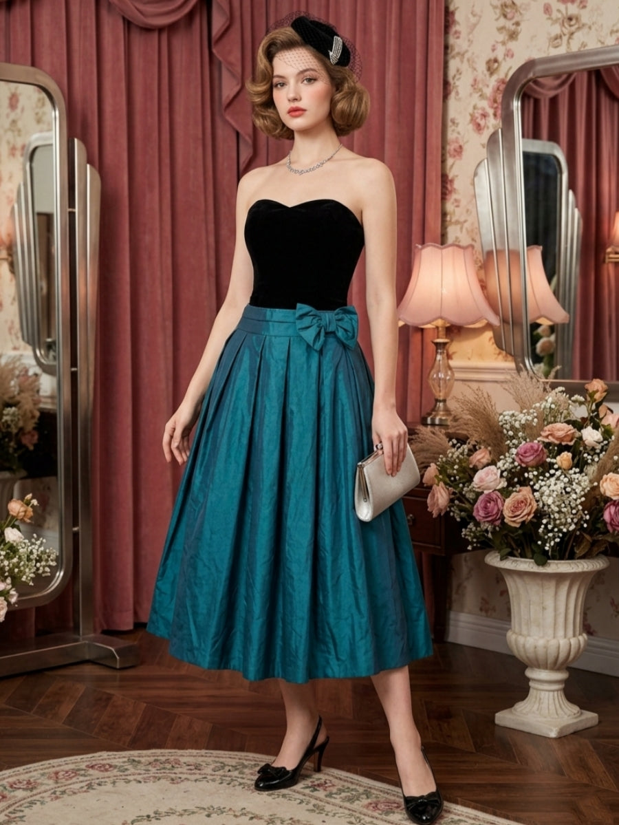 A-Line/Princess Strapless Taffeta Prom Dresses with Bowknot Vintage 80s Iridescent Dress Sleeveless Tea-Length
