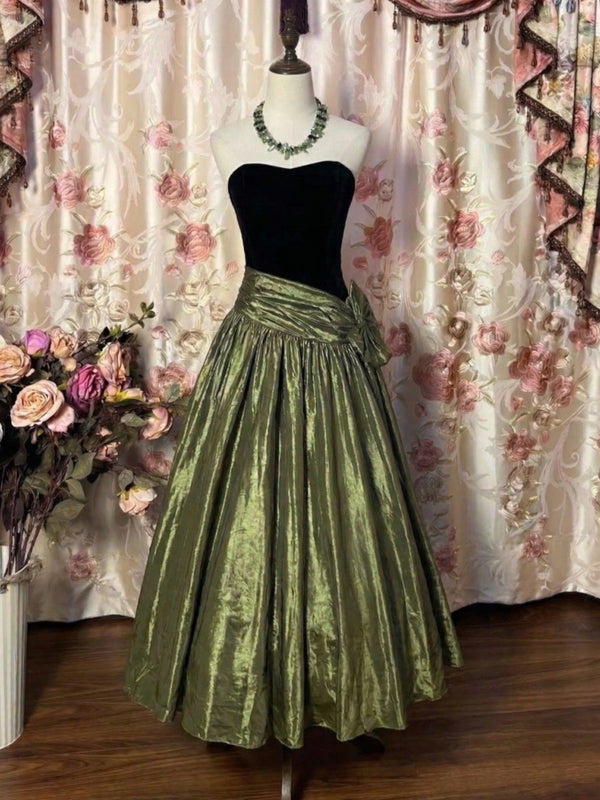 A-Line/Princess Strapless Taffeta Prom Dresses with Bowknot Vintage 80s Iridescent Dress Sleeveless Ankle-Length