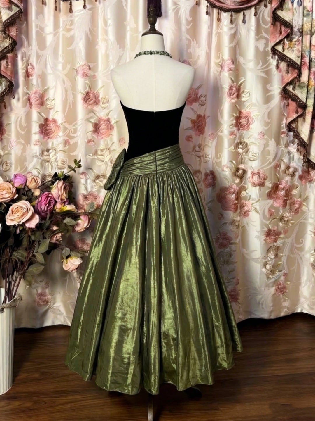 A-Line/Princess Strapless Taffeta Prom Dresses with Bowknot Vintage 80s Iridescent Dress Sleeveless Ankle-Length