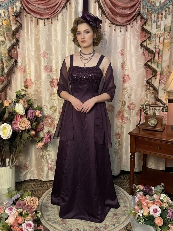 A-Line/Princess Spaghetti Straps Taffeta Prom Dresses with Wrap Vintage 80s Iridescent Dress Sequins Sleeveless Floor-Length