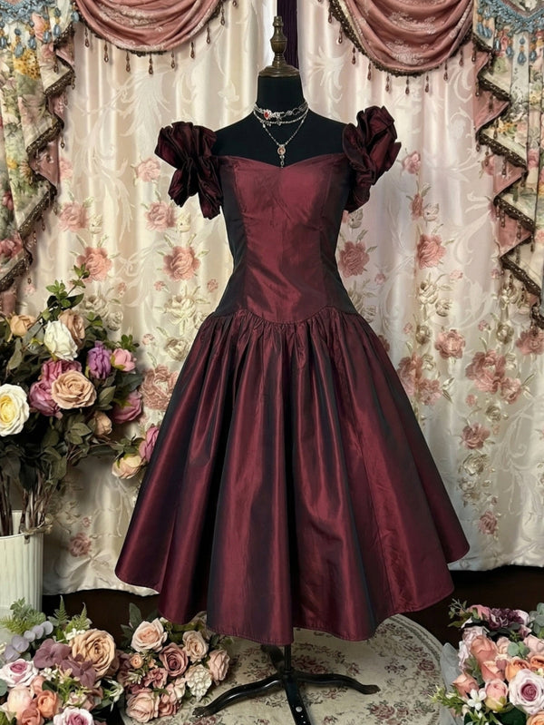 A-Line/Princess Sweetheart Taffeta Prom Dresses Vintage 80s Iridescent Dress Puff Sleeves Tea-Length Pleated