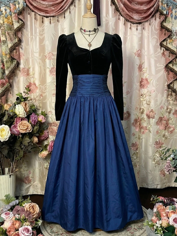 A-Line/Princess Square Collar Taffeta Prom Dresses Pleated Vintage 80s Iridescent Dress Long Sleeves Ankle-Length