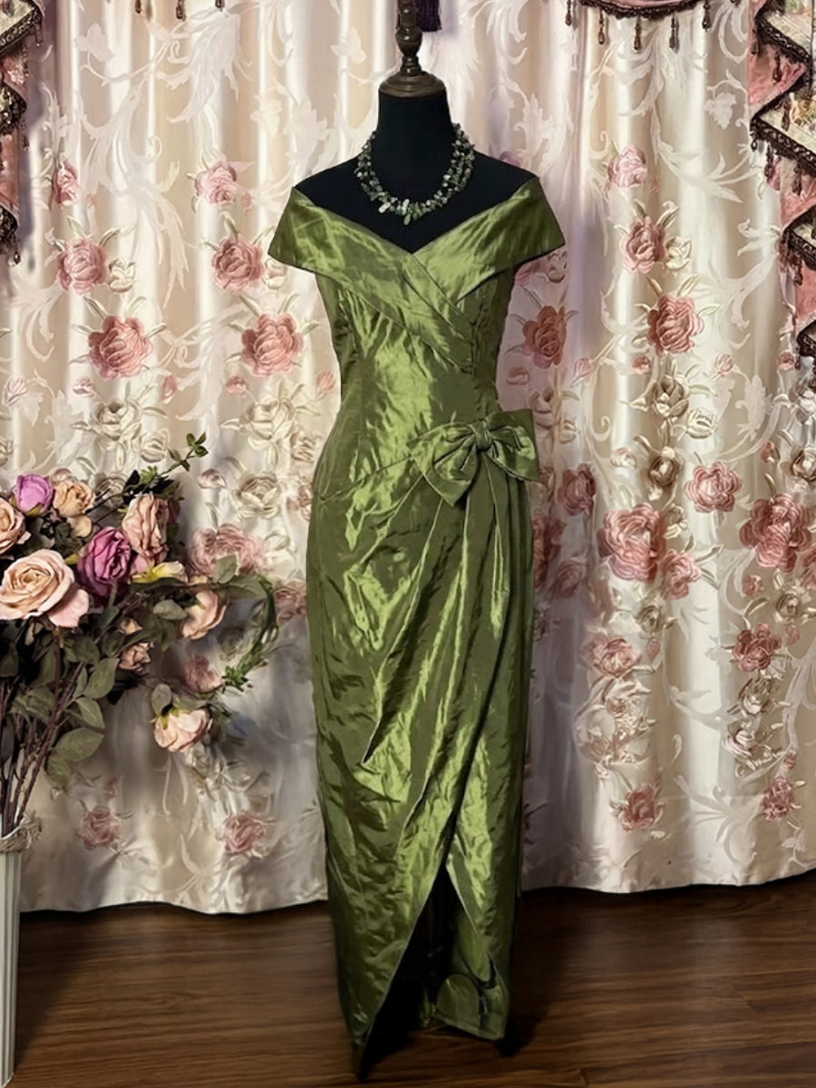 A-Line/Princess Off-the-Shoulder Taffeta Prom Dresses with Split Side Vintage 80s Iridescent Dress Sleeveless Ankle-Length Bowknot