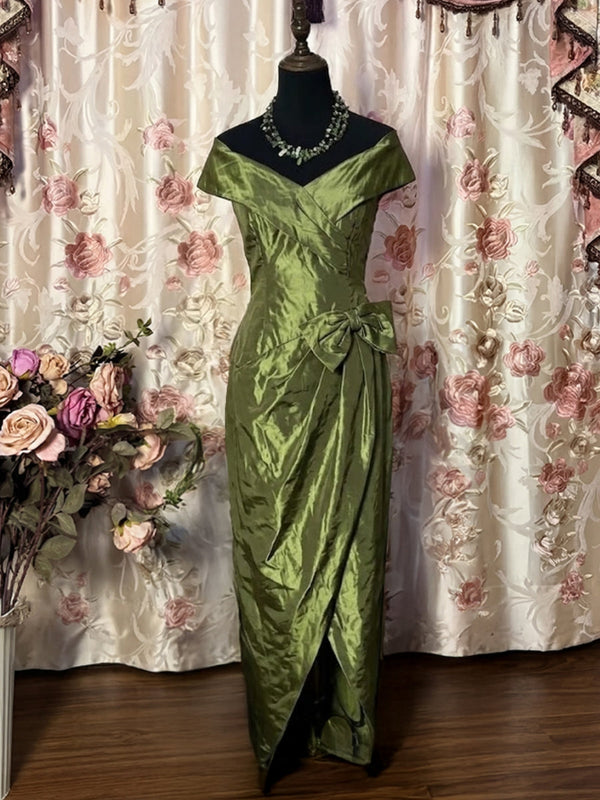 A-Line/Princess Off-the-Shoulder Taffeta Prom Dresses with Split Side Vintage 80s Iridescent Dress Sleeveless Ankle-Length Bowknot