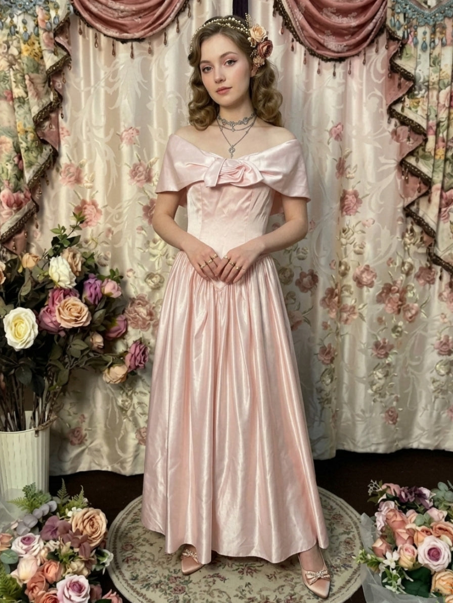 A-Line/Princess Off-the-Shoulder Taffeta Prom Dresses Vintage 80s Iridescent Dress Sleeveless 3D Flower Ankle-Length