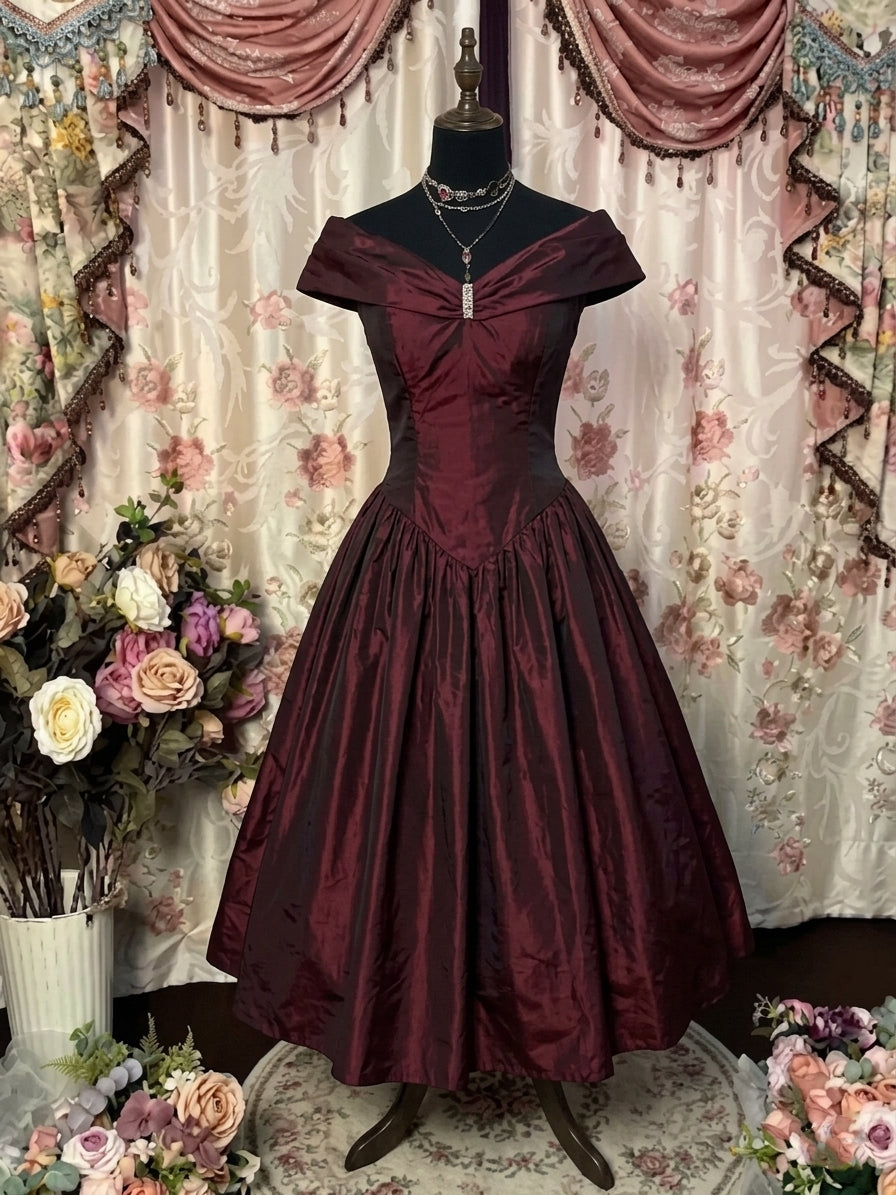 A-Line/Princess Off-the-Shoulder Taffeta Prom Dresses Vintage 80s Iridescent Dress Sleeveless Pleated Ankle-Length