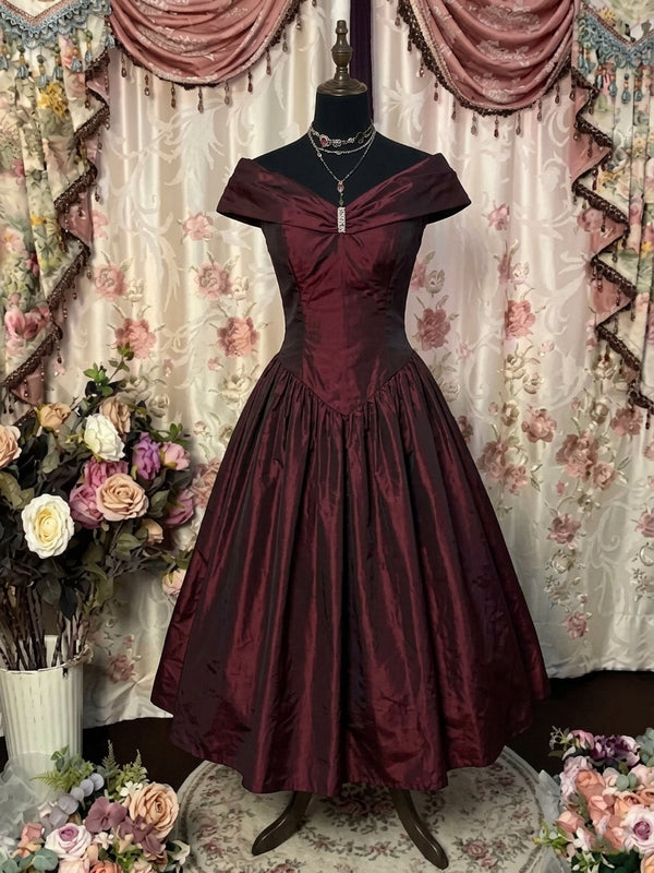 A-Line/Princess Off-the-Shoulder Taffeta Prom Dresses Vintage 80s Iridescent Dress Sleeveless Pleated Ankle-Length