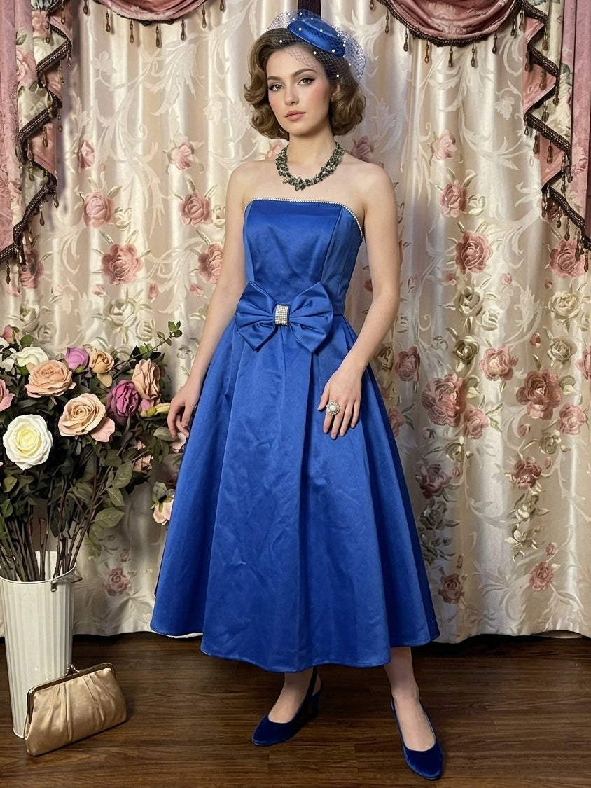 A-Line/Princess Strapless Taffeta Prom Dresses Bowknot Vintage 80s Iridescent Dress Sleeveless Ankle-Length