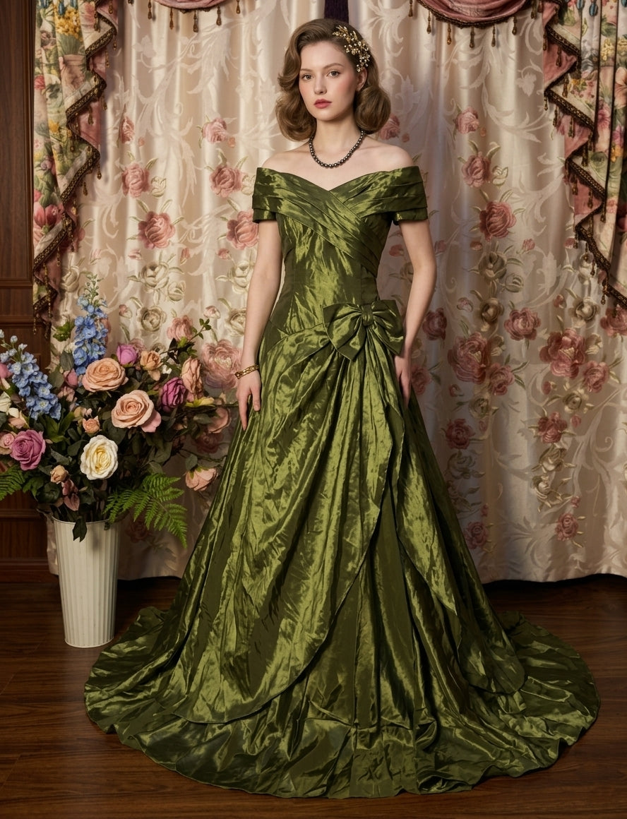 A-Line/Princess Off-the-Shoulder Taffeta Prom Dresses Bowknot Vintage 80s Iridescent Dress Ruched Sleeveless Floor-Length