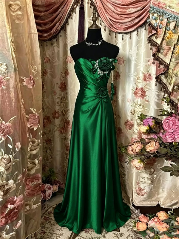 A-Line/Princess Strapless Taffeta Prom Dresses Vintage 80s Iridescent Dress Sleeveless Floor-Length 3D Flower