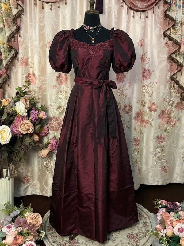 A-Line/Princess Square Collar Taffeta Prom Dresses Vintage 80s Iridescent Dress Short Sleeves Ankle-Length