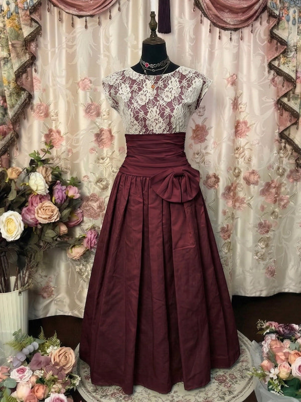 A-Line/Princess Scoop Taffeta Prom Dresses Bowknot Vintage 80s Iridescent Lace Dress Short Sleeves Ankle-Length