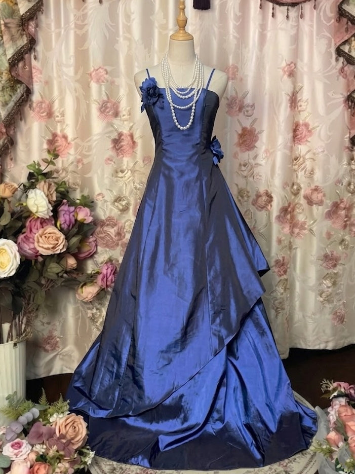 A-Line/Princess Spaghetti Straps Taffeta Prom Dresses Bowknot Vintage 80s Iridescent Dress Sleeveless FLoor-Length With 3D Flowers&Wrap